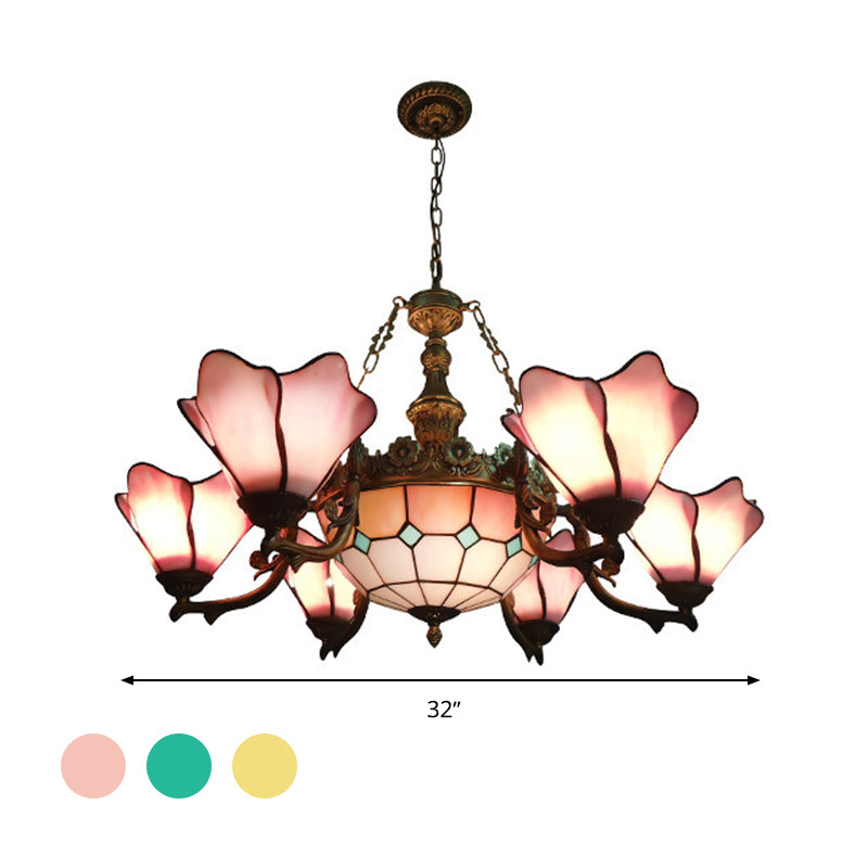 7/9 Lights Living Room Chandelier Lamp Baroque Black Pendant Light Fixture with Floral Pink/Yellow/Blue Glass Shade Clearhalo 'Ceiling Lights' 'Chandeliers' 'Industrial' 'Middle Century Chandeliers' 'Tiffany Chandeliers' 'Tiffany close to ceiling' 'Tiffany' Lighting' 318449