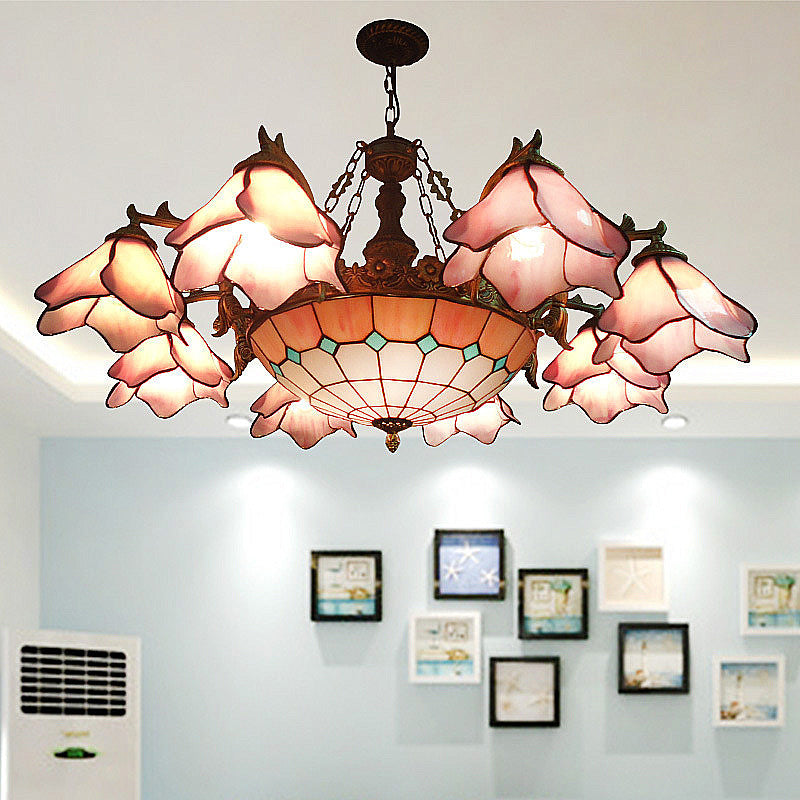 7/9 Lights Living Room Chandelier Lamp Baroque Black Pendant Light Fixture with Floral Pink/Yellow/Blue Glass Shade 9 Pink Clearhalo 'Ceiling Lights' 'Chandeliers' 'Industrial' 'Middle Century Chandeliers' 'Tiffany Chandeliers' 'Tiffany close to ceiling' 'Tiffany' Lighting' 318450