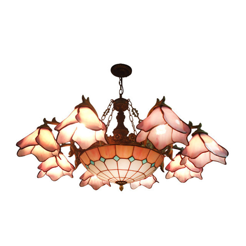 7/9 Lights Living Room Chandelier Lamp Baroque Black Pendant Light Fixture with Floral Pink/Yellow/Blue Glass Shade Clearhalo 'Ceiling Lights' 'Chandeliers' 'Industrial' 'Middle Century Chandeliers' 'Tiffany Chandeliers' 'Tiffany close to ceiling' 'Tiffany' Lighting' 318451