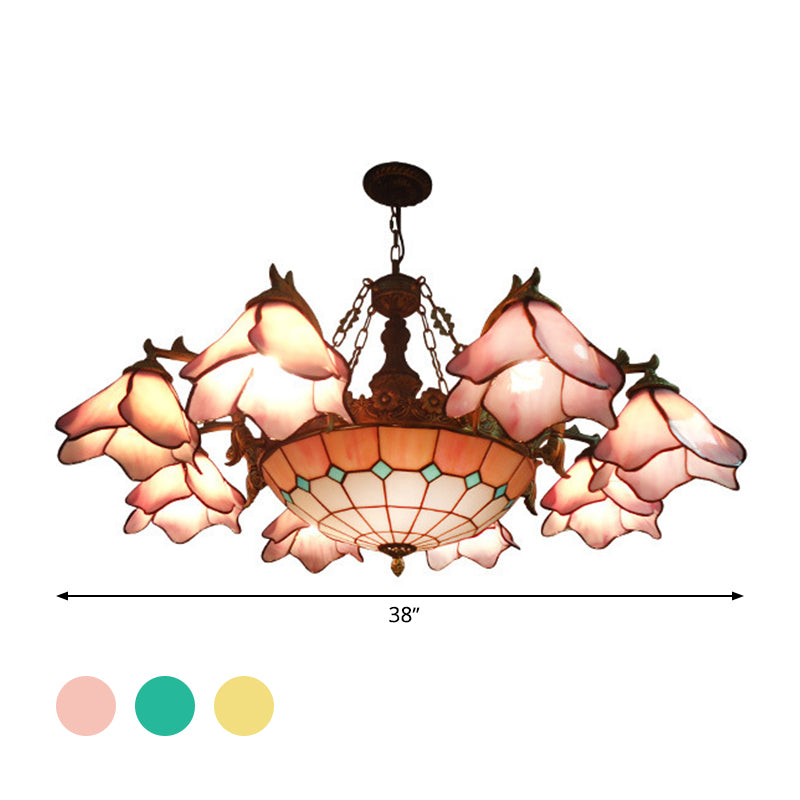 7/9 Lights Living Room Chandelier Lamp Baroque Black Pendant Light Fixture with Floral Pink/Yellow/Blue Glass Shade Clearhalo 'Ceiling Lights' 'Chandeliers' 'Industrial' 'Middle Century Chandeliers' 'Tiffany Chandeliers' 'Tiffany close to ceiling' 'Tiffany' Lighting' 318452
