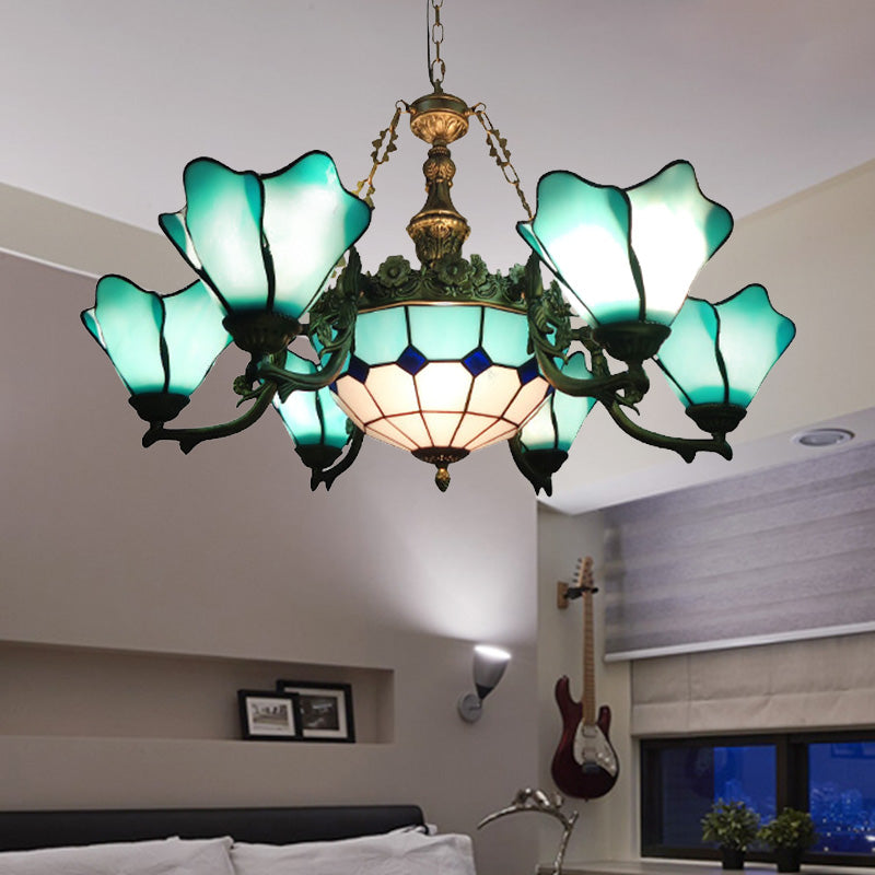 7/9 Lights Living Room Chandelier Lamp Baroque Black Pendant Light Fixture with Floral Pink/Yellow/Blue Glass Shade 7 Blue Clearhalo 'Ceiling Lights' 'Chandeliers' 'Industrial' 'Middle Century Chandeliers' 'Tiffany Chandeliers' 'Tiffany close to ceiling' 'Tiffany' Lighting' 318453