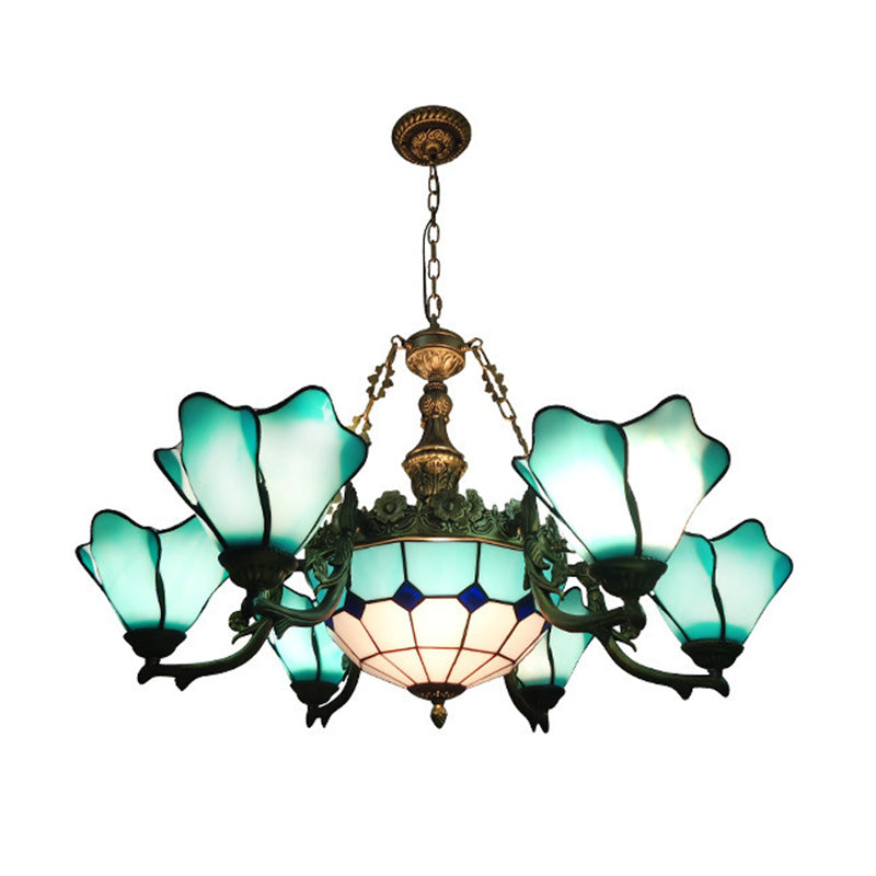 7/9 Lights Living Room Chandelier Lamp Baroque Black Pendant Light Fixture with Floral Pink/Yellow/Blue Glass Shade Clearhalo 'Ceiling Lights' 'Chandeliers' 'Industrial' 'Middle Century Chandeliers' 'Tiffany Chandeliers' 'Tiffany close to ceiling' 'Tiffany' Lighting' 318455