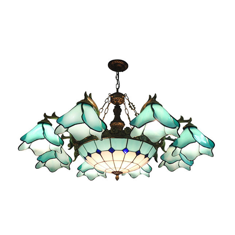 7/9 Lights Living Room Chandelier Lamp Baroque Black Pendant Light Fixture with Floral Pink/Yellow/Blue Glass Shade 9 Blue Clearhalo 'Ceiling Lights' 'Chandeliers' 'Industrial' 'Middle Century Chandeliers' 'Tiffany Chandeliers' 'Tiffany close to ceiling' 'Tiffany' Lighting' 318456