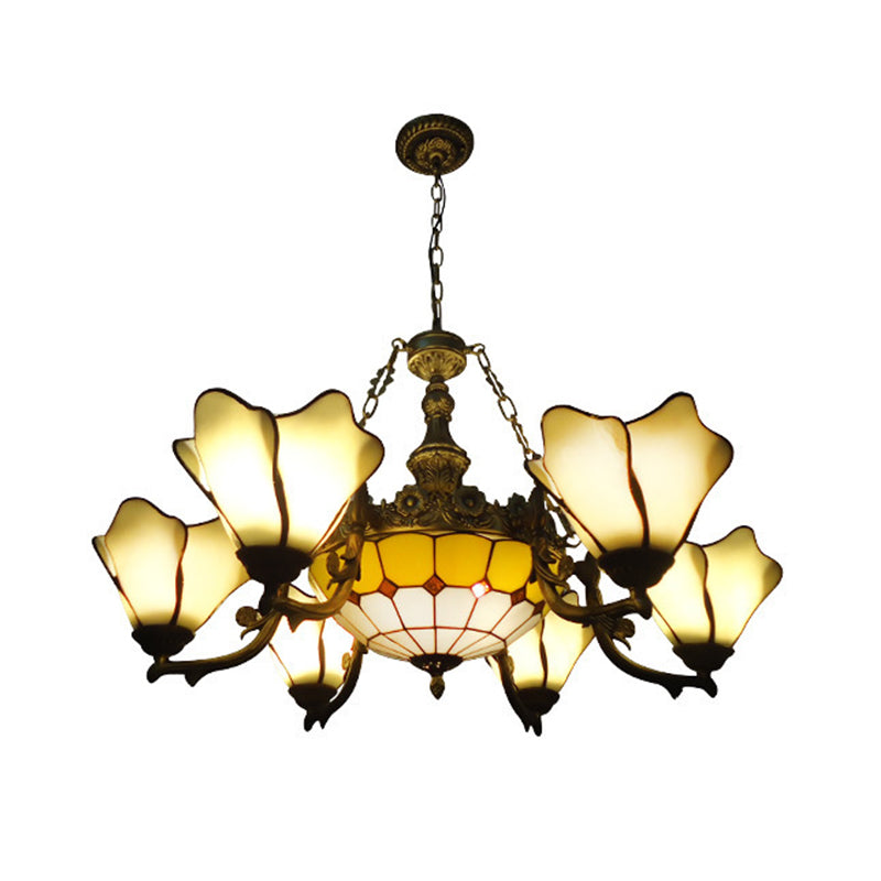 7/9 Lights Living Room Chandelier Lamp Baroque Black Pendant Light Fixture with Floral Pink/Yellow/Blue Glass Shade 7 Yellow Clearhalo 'Ceiling Lights' 'Chandeliers' 'Industrial' 'Middle Century Chandeliers' 'Tiffany Chandeliers' 'Tiffany close to ceiling' 'Tiffany' Lighting' 318457