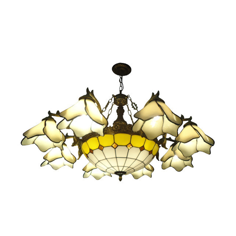 7/9 Lights Living Room Chandelier Lamp Baroque Black Pendant Light Fixture with Floral Pink/Yellow/Blue Glass Shade 9 Yellow Clearhalo 'Ceiling Lights' 'Chandeliers' 'Industrial' 'Middle Century Chandeliers' 'Tiffany Chandeliers' 'Tiffany close to ceiling' 'Tiffany' Lighting' 318458