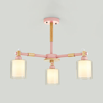 Living Room Cylinder Hanging Pendant Fixture Metal 3 Lights Modern Pendant Lighting Pink Clearhalo 'Ceiling Lights' 'Chandeliers' 'Glass shade' 'Glass' Lighting' 32036