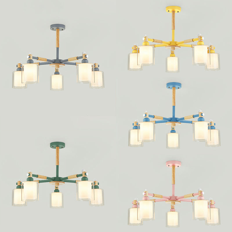 Simple Style Cylinder Hanging Pendant Fixture 5 Bulbs Metal and Bulbs Hanging Lights for Kid Bedroom Clearhalo 'Ceiling Lights' 'Chandeliers' 'Glass shade' 'Glass' Lighting' 32039