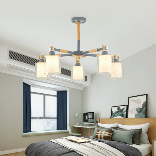 Simple Style Cylinder Hanging Pendant Fixture 5 Bulbs Metal and Bulbs Hanging Lights for Kid Bedroom Clearhalo 'Ceiling Lights' 'Chandeliers' 'Glass shade' 'Glass' Lighting' 32041