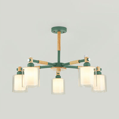 Simple Style Cylinder Hanging Pendant Fixture 5 Bulbs Metal and Bulbs Hanging Lights for Kid Bedroom Green Clearhalo 'Ceiling Lights' 'Chandeliers' 'Glass shade' 'Glass' Lighting' 32042