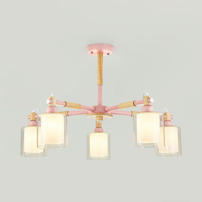 Simple Style Cylinder Hanging Pendant Fixture 5 Bulbs Metal and Bulbs Hanging Lights for Kid Bedroom Pink Clearhalo 'Ceiling Lights' 'Chandeliers' 'Glass shade' 'Glass' Lighting' 32043