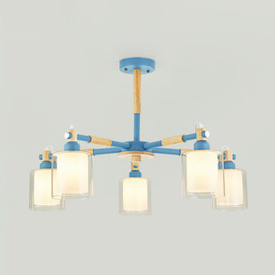 Simple Style Cylinder Hanging Pendant Fixture 5 Bulbs Metal and Bulbs Hanging Lights for Kid Bedroom Blue Clearhalo 'Ceiling Lights' 'Chandeliers' 'Glass shade' 'Glass' Lighting' 32045