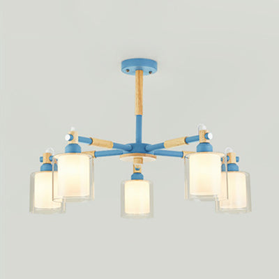 Simple Style Cylinder Hanging Pendant Fixture 5 Bulbs Metal and Bulbs Hanging Lights for Kid Bedroom Blue Clearhalo 'Ceiling Lights' 'Chandeliers' 'Glass shade' 'Glass' Lighting' 32045