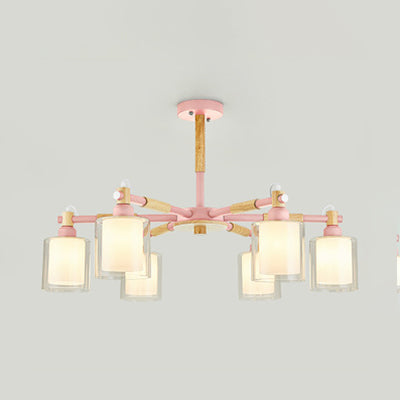 Nordic Pendant Light Fixture with Cylinder 6 Bulbs Glass Hanging Lamp for Bedroom Pink Clearhalo 'Ceiling Lights' 'Chandeliers' 'Glass shade' 'Glass' Lighting' 32055