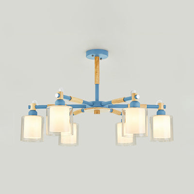 Nordic Pendant Light Fixture with Cylinder 6 Bulbs Glass Hanging Lamp for Bedroom Blue Clearhalo 'Ceiling Lights' 'Chandeliers' 'Glass shade' 'Glass' Lighting' 32057