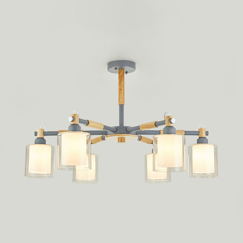 Nordic Pendant Light Fixture with Cylinder 6 Bulbs Glass Hanging Lamp for Bedroom Grey Clearhalo 'Ceiling Lights' 'Chandeliers' 'Glass shade' 'Glass' Lighting' 32058