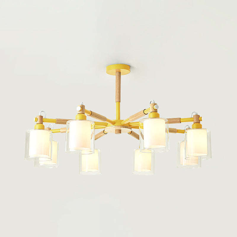 Living Room Cylinder Hanging Lights 8 Lights Modern Style Pendant Light Fixture Yellow Clearhalo 'Ceiling Lights' 'Chandeliers' 'Glass shade' 'Glass' Lighting' 32065