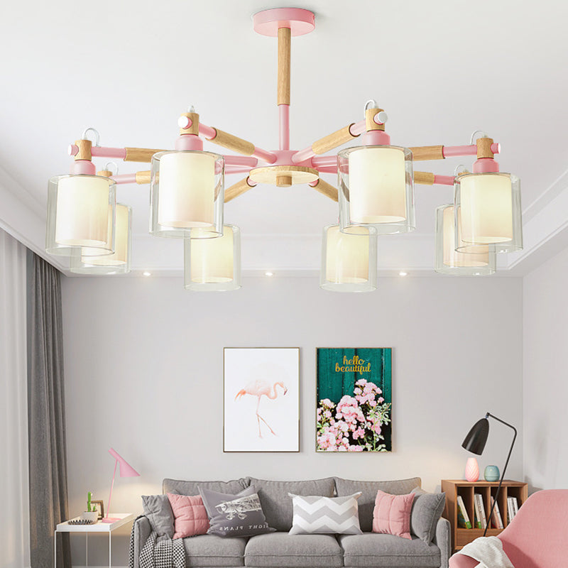 Living Room Cylinder Hanging Lights 8 Lights Modern Style Pendant Light Fixture Clearhalo 'Ceiling Lights' 'Chandeliers' 'Glass shade' 'Glass' Lighting' 32068