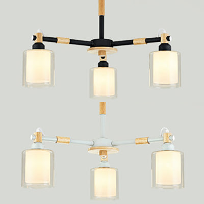 Glass and Wood Cylinder Pendant Light Fixture 3 Bulbs Designer Hanging Ceiling Lamp for Bedroom Clearhalo 'Ceiling Lights' 'Chandeliers' 'Glass shade' 'Glass' Lighting' 32070