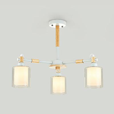 Glass and Wood Cylinder Pendant Light Fixture 3 Bulbs Designer Hanging Ceiling Lamp for Bedroom White Clearhalo 'Ceiling Lights' 'Chandeliers' 'Glass shade' 'Glass' Lighting' 32072