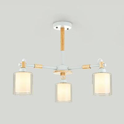 Glass and Wood Cylinder Pendant Light Fixture 3 Bulbs Designer Hanging Ceiling Lamp for Bedroom White Clearhalo 'Ceiling Lights' 'Chandeliers' 'Glass shade' 'Glass' Lighting' 32072