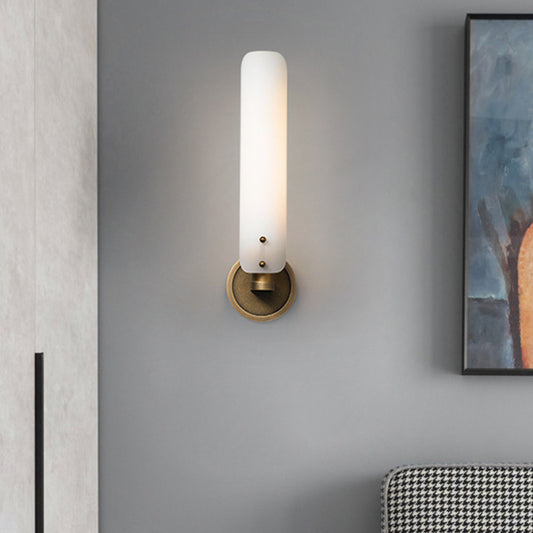 1 Head Bedroom Wall Lamp Modernism Brass Sconce Light Fixture with Tube Opal Glass Shade Brass Clearhalo 'Cast Iron' 'Glass' 'Industrial' 'Modern wall lights' 'Modern' 'Tiffany' 'Traditional wall lights' 'Wall Lamps & Sconces' 'Wall Lights' Lighting' 324130