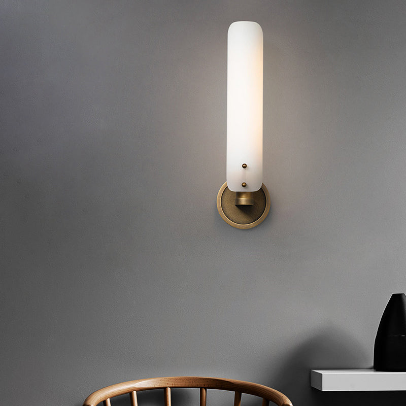 1 Head Bedroom Wall Lamp Modernism Brass Sconce Light Fixture with Tube Opal Glass Shade Clearhalo 'Cast Iron' 'Glass' 'Industrial' 'Modern wall lights' 'Modern' 'Tiffany' 'Traditional wall lights' 'Wall Lamps & Sconces' 'Wall Lights' Lighting' 324131