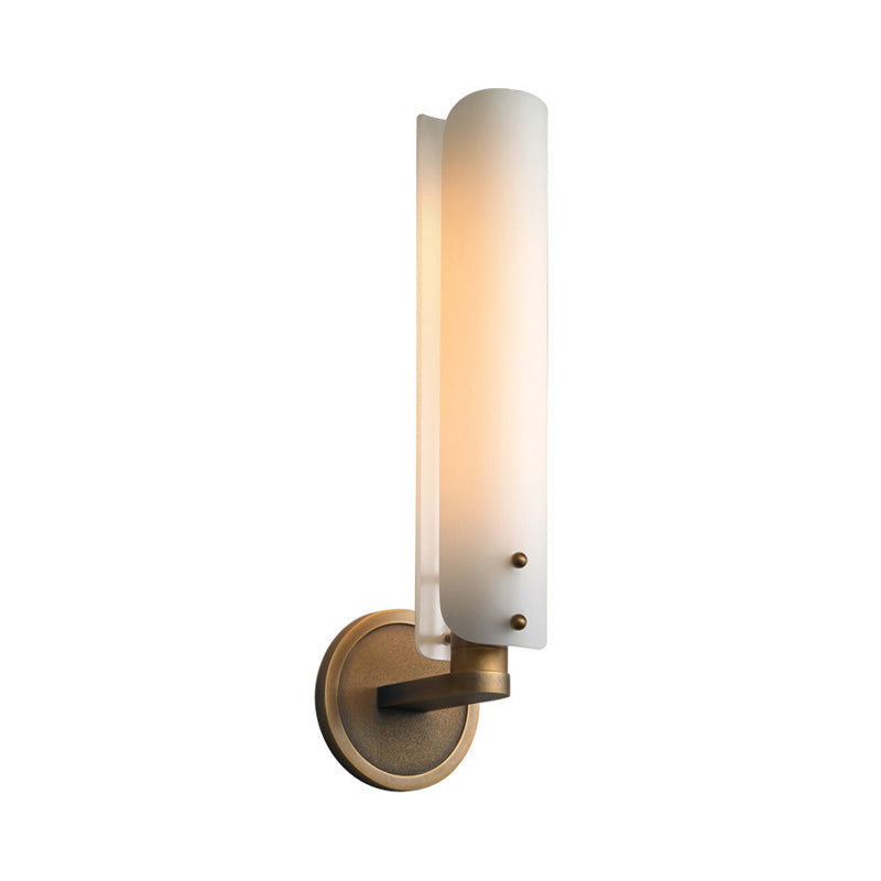 1 Head Bedroom Wall Lamp Modernism Brass Sconce Light Fixture with Tube Opal Glass Shade Clearhalo 'Cast Iron' 'Glass' 'Industrial' 'Modern wall lights' 'Modern' 'Tiffany' 'Traditional wall lights' 'Wall Lamps & Sconces' 'Wall Lights' Lighting' 324133