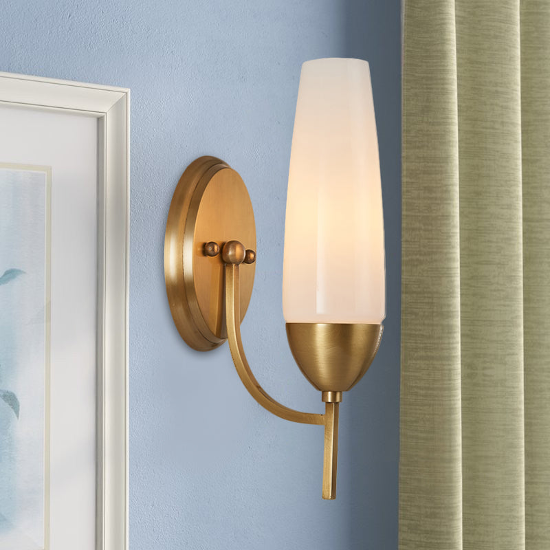Contemporary 1 Bulb Wall Lamp Brass Conical Sconce Light Fixture with Milky Glass Shade Brass Clearhalo 'Cast Iron' 'Glass' 'Industrial' 'Modern wall lights' 'Modern' 'Tiffany' 'Traditional wall lights' 'Wall Lamps & Sconces' 'Wall Lights' Lighting' 324175