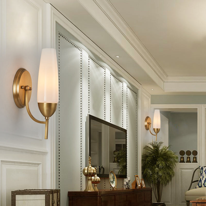 Contemporary 1 Bulb Wall Lamp Brass Conical Sconce Light Fixture with Milky Glass Shade Clearhalo 'Cast Iron' 'Glass' 'Industrial' 'Modern wall lights' 'Modern' 'Tiffany' 'Traditional wall lights' 'Wall Lamps & Sconces' 'Wall Lights' Lighting' 324177