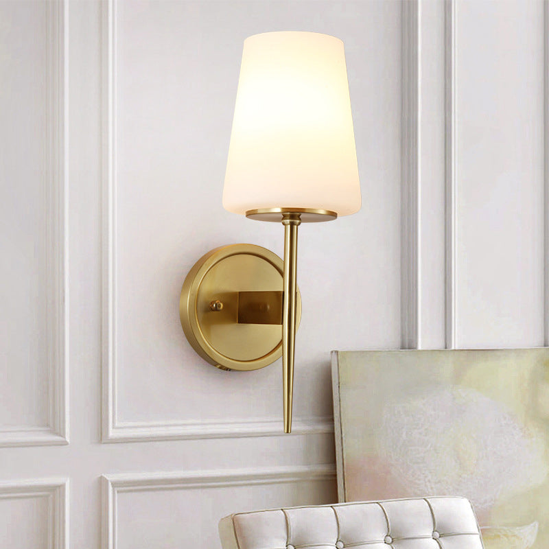 Tapered Wall Lamp Modernist Opal Glass 1 Bulb Brass Sconce Light Fixture with Metal Pencil Arm Brass Clearhalo 'Cast Iron' 'Glass' 'Industrial' 'Modern wall lights' 'Modern' 'Tiffany' 'Traditional wall lights' 'Wall Lamps & Sconces' 'Wall Lights' Lighting' 324190