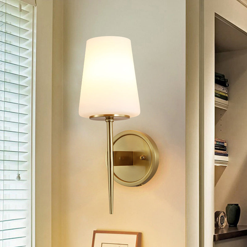 Tapered Wall Lamp Modernist Opal Glass 1 Bulb Brass Sconce Light Fixture with Metal Pencil Arm Clearhalo 'Cast Iron' 'Glass' 'Industrial' 'Modern wall lights' 'Modern' 'Tiffany' 'Traditional wall lights' 'Wall Lamps & Sconces' 'Wall Lights' Lighting' 324191