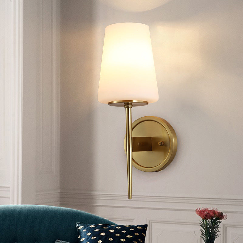 Tapered Wall Lamp Modernist Opal Glass 1 Bulb Brass Sconce Light Fixture with Metal Pencil Arm Clearhalo 'Cast Iron' 'Glass' 'Industrial' 'Modern wall lights' 'Modern' 'Tiffany' 'Traditional wall lights' 'Wall Lamps & Sconces' 'Wall Lights' Lighting' 324192