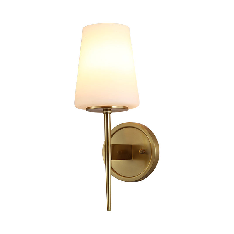 Tapered Wall Lamp Modernist Opal Glass 1 Bulb Brass Sconce Light Fixture with Metal Pencil Arm Clearhalo 'Cast Iron' 'Glass' 'Industrial' 'Modern wall lights' 'Modern' 'Tiffany' 'Traditional wall lights' 'Wall Lamps & Sconces' 'Wall Lights' Lighting' 324193