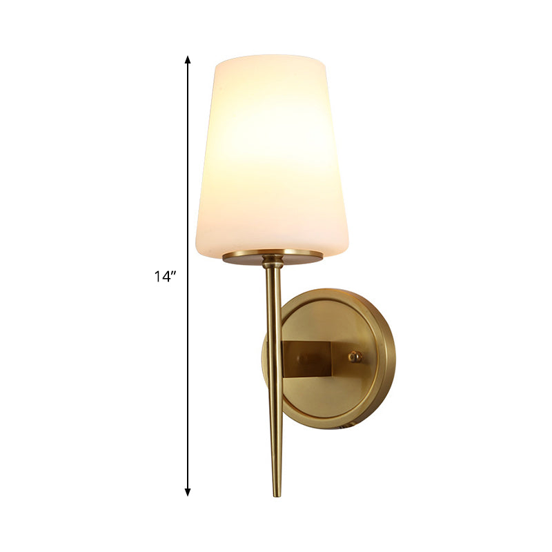 Tapered Wall Lamp Modernist Opal Glass 1 Bulb Brass Sconce Light Fixture with Metal Pencil Arm Clearhalo 'Cast Iron' 'Glass' 'Industrial' 'Modern wall lights' 'Modern' 'Tiffany' 'Traditional wall lights' 'Wall Lamps & Sconces' 'Wall Lights' Lighting' 324194
