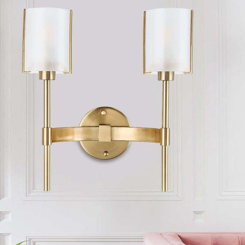 Gold Armed Wall Lighting Modern 2 Bulbs Metal Sconce Light Fixture with White Glass Shade Gold Clearhalo 'Cast Iron' 'Glass' 'Industrial' 'Modern wall lights' 'Modern' 'Tiffany' 'Traditional wall lights' 'Wall Lamps & Sconces' 'Wall Lights' Lighting' 324195