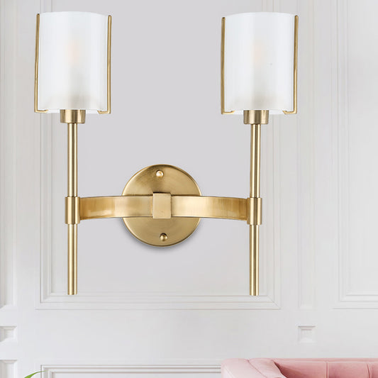 Gold Armed Wall Lighting Modern 2 Bulbs Metal Sconce Light Fixture with White Glass Shade Gold Clearhalo 'Cast Iron' 'Glass' 'Industrial' 'Modern wall lights' 'Modern' 'Tiffany' 'Traditional wall lights' 'Wall Lamps & Sconces' 'Wall Lights' Lighting' 324195