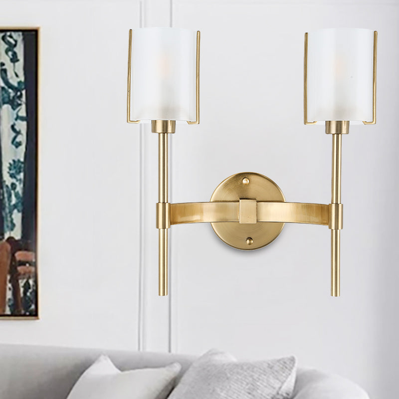 Gold Armed Wall Lighting Modern 2 Bulbs Metal Sconce Light Fixture with White Glass Shade Clearhalo 'Cast Iron' 'Glass' 'Industrial' 'Modern wall lights' 'Modern' 'Tiffany' 'Traditional wall lights' 'Wall Lamps & Sconces' 'Wall Lights' Lighting' 324196