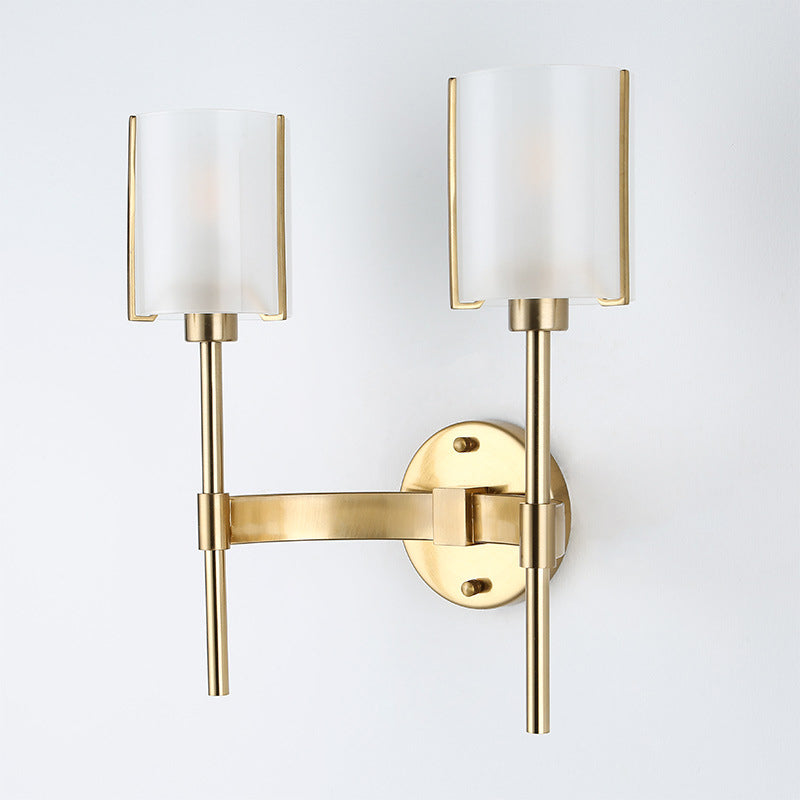 Gold Armed Wall Lighting Modern 2 Bulbs Metal Sconce Light Fixture with White Glass Shade Clearhalo 'Cast Iron' 'Glass' 'Industrial' 'Modern wall lights' 'Modern' 'Tiffany' 'Traditional wall lights' 'Wall Lamps & Sconces' 'Wall Lights' Lighting' 324197