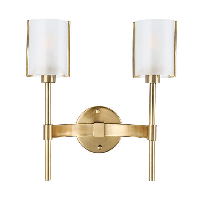 Gold Armed Wall Lighting Modern 2 Bulbs Metal Sconce Light Fixture with White Glass Shade Clearhalo 'Cast Iron' 'Glass' 'Industrial' 'Modern wall lights' 'Modern' 'Tiffany' 'Traditional wall lights' 'Wall Lamps & Sconces' 'Wall Lights' Lighting' 324198