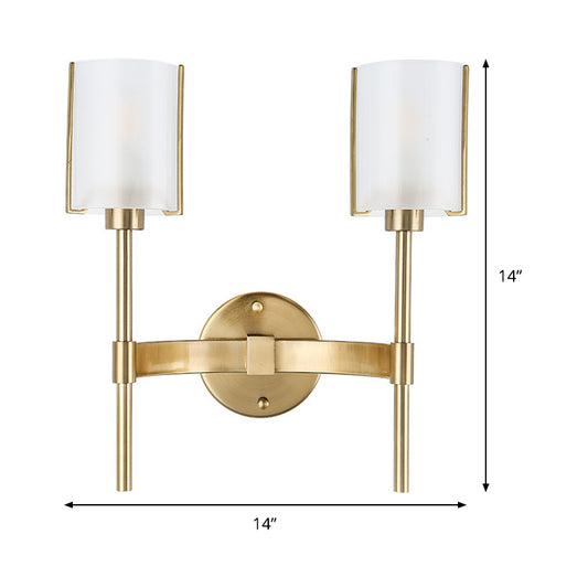 Gold Armed Wall Lighting Modern 2 Bulbs Metal Sconce Light Fixture with White Glass Shade Clearhalo 'Cast Iron' 'Glass' 'Industrial' 'Modern wall lights' 'Modern' 'Tiffany' 'Traditional wall lights' 'Wall Lamps & Sconces' 'Wall Lights' Lighting' 324199