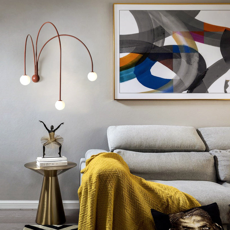 3 Heads Curved Arm Sconce Light Minimalist Metal Wall Mounted Lighting in Red for Bedside Clearhalo 'Cast Iron' 'Glass' 'Industrial' 'Modern wall lights' 'Modern' 'Tiffany' 'Traditional wall lights' 'Wall Lamps & Sconces' 'Wall Lights' Lighting' 324202