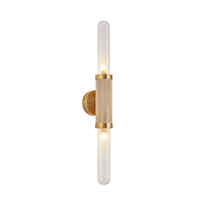 Contemporary 2 Heads Sconce Gold Tubular Wall Mounted Light Fixture with Fluted Glass Shade