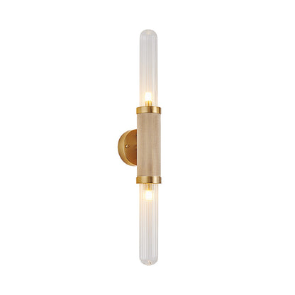Contemporary 2 Heads Sconce Gold Tubular Wall Mounted Light Fixture with Fluted Glass Shade Gold Clearhalo 'Cast Iron' 'Glass' 'Industrial' 'Modern wall lights' 'Modern' 'Tiffany' 'Traditional wall lights' 'Wall Lamps & Sconces' 'Wall Lights' Lighting' 324205