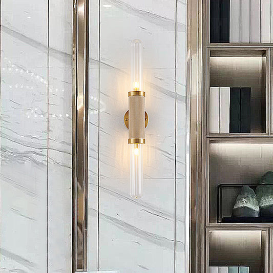 Contemporary 2 Heads Sconce Gold Tubular Wall Mounted Light Fixture with Fluted Glass Shade Clearhalo 'Cast Iron' 'Glass' 'Industrial' 'Modern wall lights' 'Modern' 'Tiffany' 'Traditional wall lights' 'Wall Lamps & Sconces' 'Wall Lights' Lighting' 324206