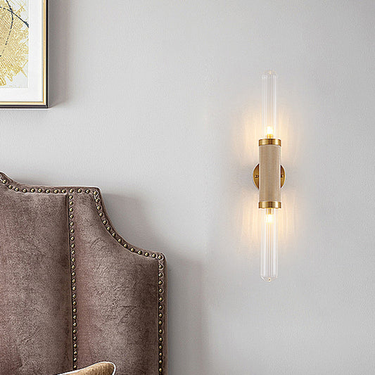 Contemporary 2 Heads Sconce Gold Tubular Wall Mounted Light Fixture with Fluted Glass Shade Clearhalo 'Cast Iron' 'Glass' 'Industrial' 'Modern wall lights' 'Modern' 'Tiffany' 'Traditional wall lights' 'Wall Lamps & Sconces' 'Wall Lights' Lighting' 324207
