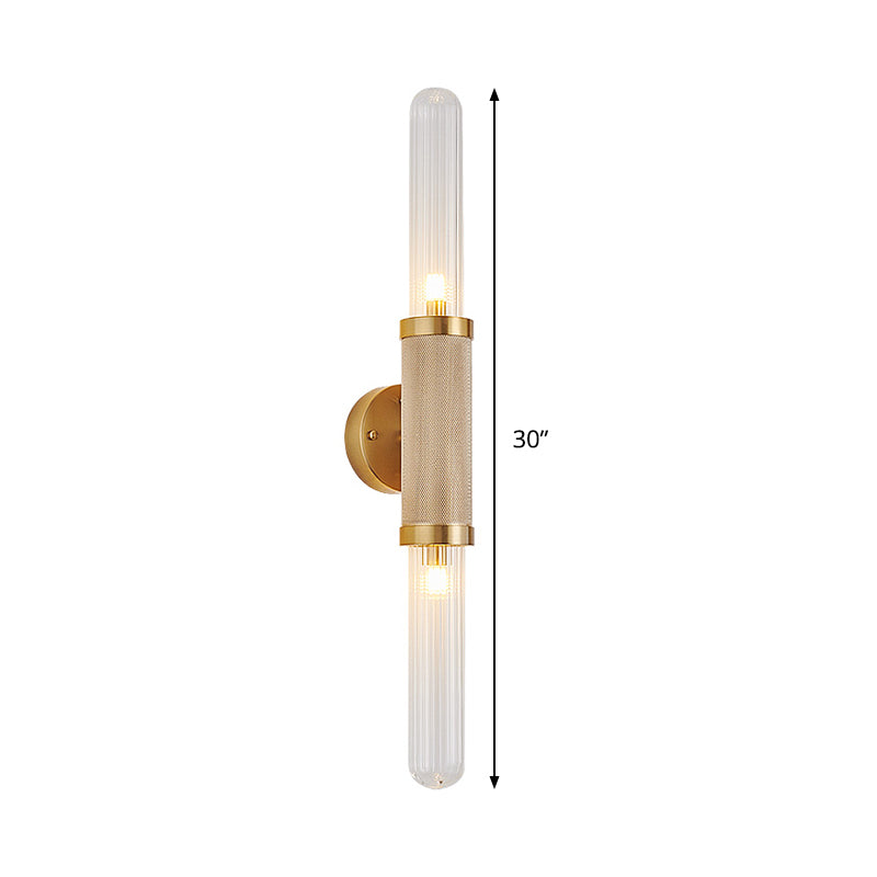 Contemporary 2 Heads Sconce Gold Tubular Wall Mounted Light Fixture with Fluted Glass Shade Clearhalo 'Cast Iron' 'Glass' 'Industrial' 'Modern wall lights' 'Modern' 'Tiffany' 'Traditional wall lights' 'Wall Lamps & Sconces' 'Wall Lights' Lighting' 324209