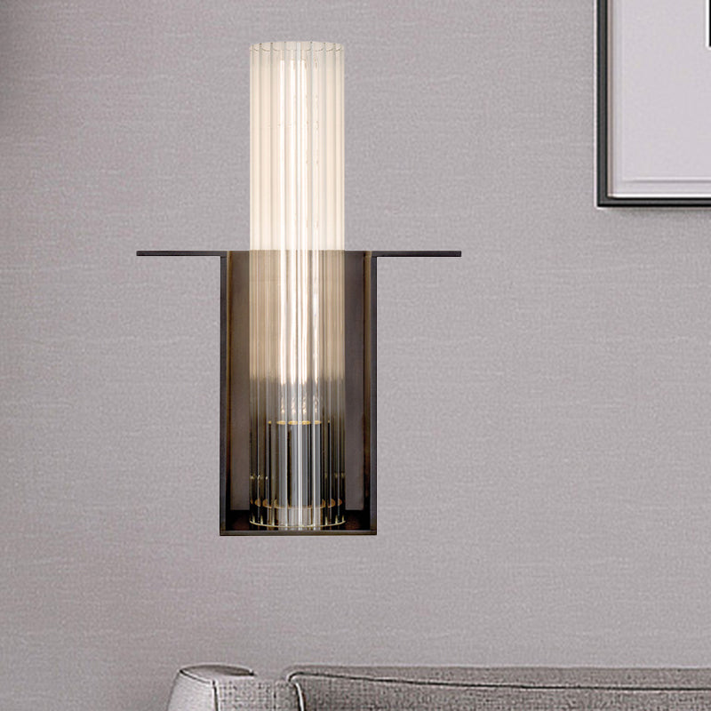 1 Head Living Room Wall Lamp Modern Black Sconce Light Fixture with Tube Ribbed Glass Shade Black Clearhalo 'Cast Iron' 'Glass' 'Industrial' 'Modern wall lights' 'Modern' 'Tiffany' 'Traditional wall lights' 'Wall Lamps & Sconces' 'Wall Lights' Lighting' 324210