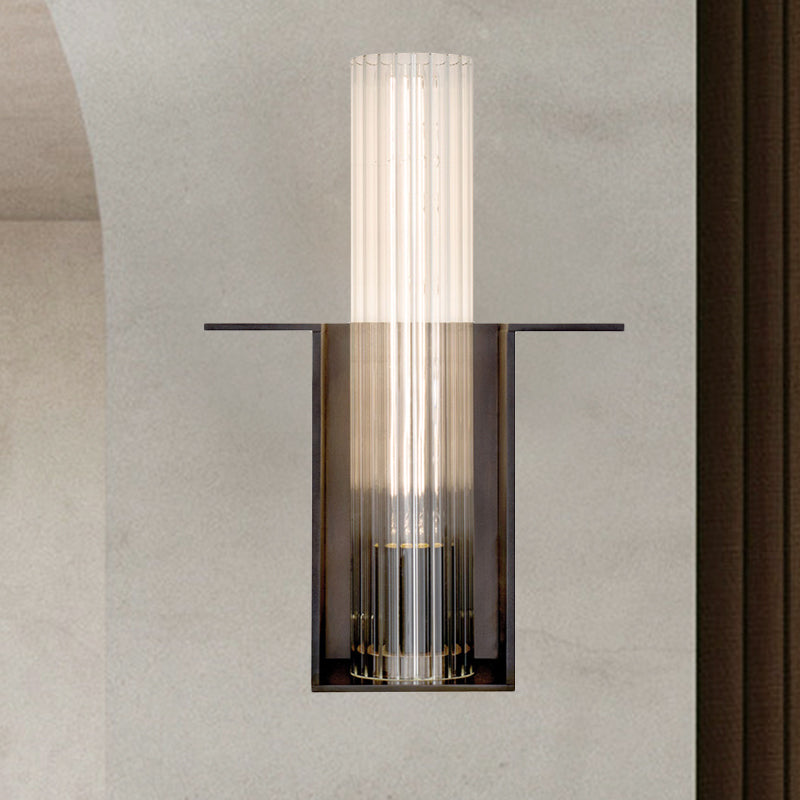 1 Head Living Room Wall Lamp Modern Black Sconce Light Fixture with Tube Ribbed Glass Shade Clearhalo 'Cast Iron' 'Glass' 'Industrial' 'Modern wall lights' 'Modern' 'Tiffany' 'Traditional wall lights' 'Wall Lamps & Sconces' 'Wall Lights' Lighting' 324211