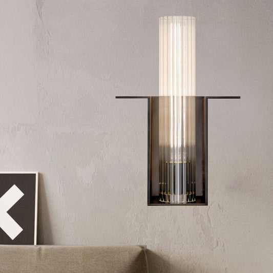 1 Head Living Room Wall Lamp Modern Black Sconce Light Fixture with Tube Ribbed Glass Shade Clearhalo 'Cast Iron' 'Glass' 'Industrial' 'Modern wall lights' 'Modern' 'Tiffany' 'Traditional wall lights' 'Wall Lamps & Sconces' 'Wall Lights' Lighting' 324212
