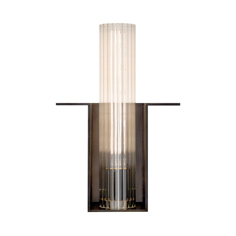 1 Head Living Room Wall Lamp Modern Black Sconce Light Fixture with Tube Ribbed Glass Shade Clearhalo 'Cast Iron' 'Glass' 'Industrial' 'Modern wall lights' 'Modern' 'Tiffany' 'Traditional wall lights' 'Wall Lamps & Sconces' 'Wall Lights' Lighting' 324213